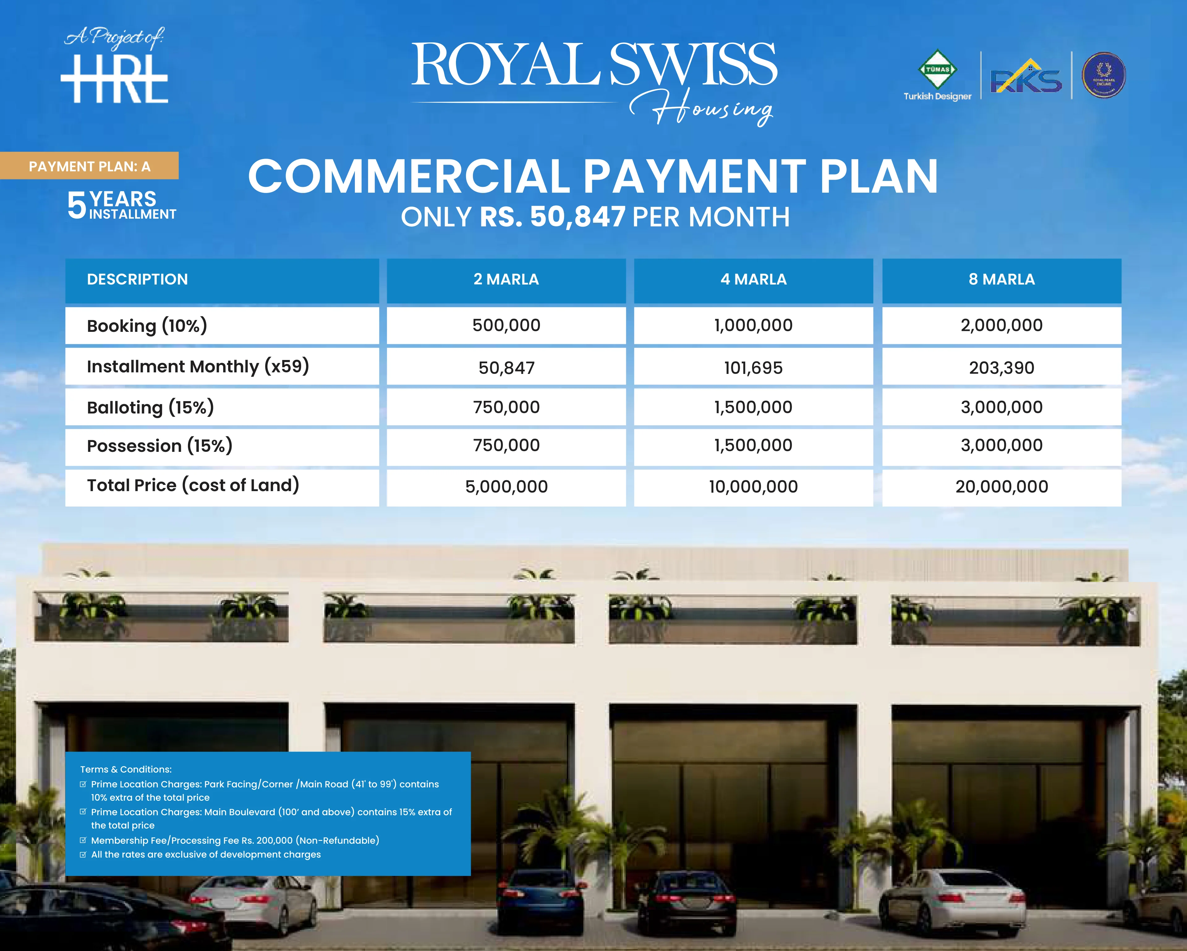 Royal Swiss Housing commercial plots 5-year installment plan A with 59 monthly installments
